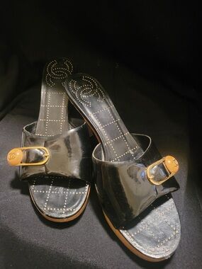 Chanel Patent Leather Slide Sandals with Gold Buckle